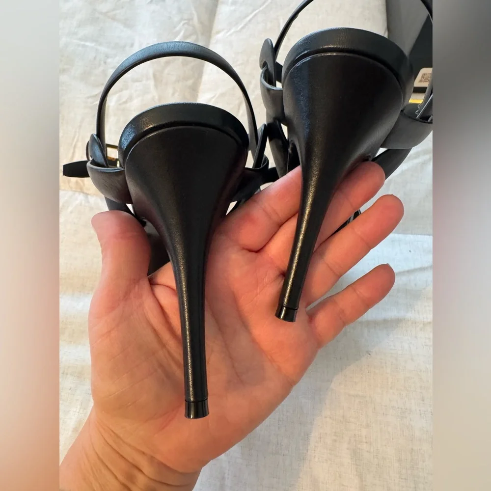 Saint Laurent Black Leather Strappy Platform Heels with Gold Logo - Picture 8 of 14